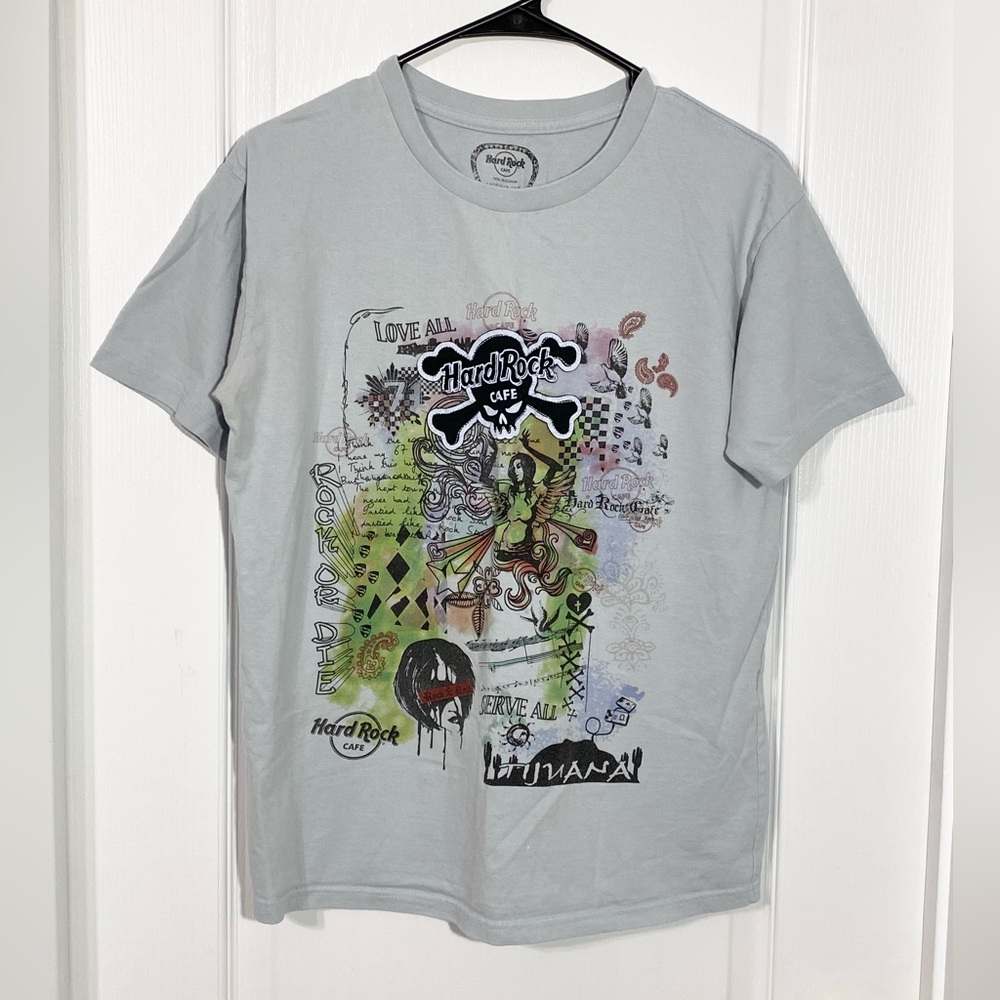 Y2K Hard Rock Cafe Tijuana Mexico Skull Crossbones Patch Graphic Tee Blue Medium